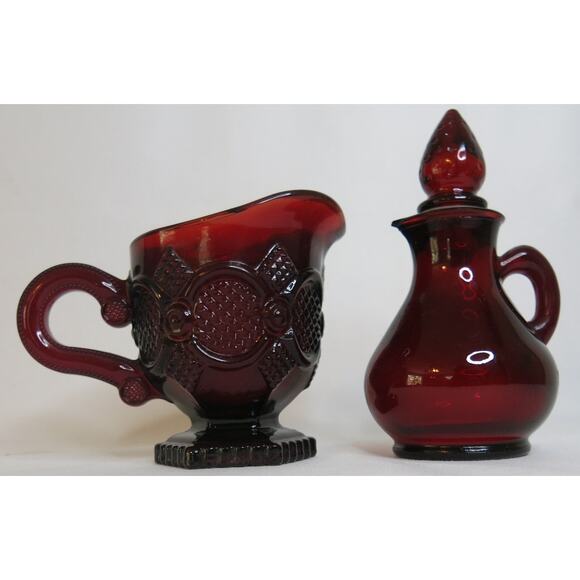AVON Cape Cod Ruby Red Glass Set 2 Pitchers Strawberry Candle Vintage Cranberry - Picture 2 of 13